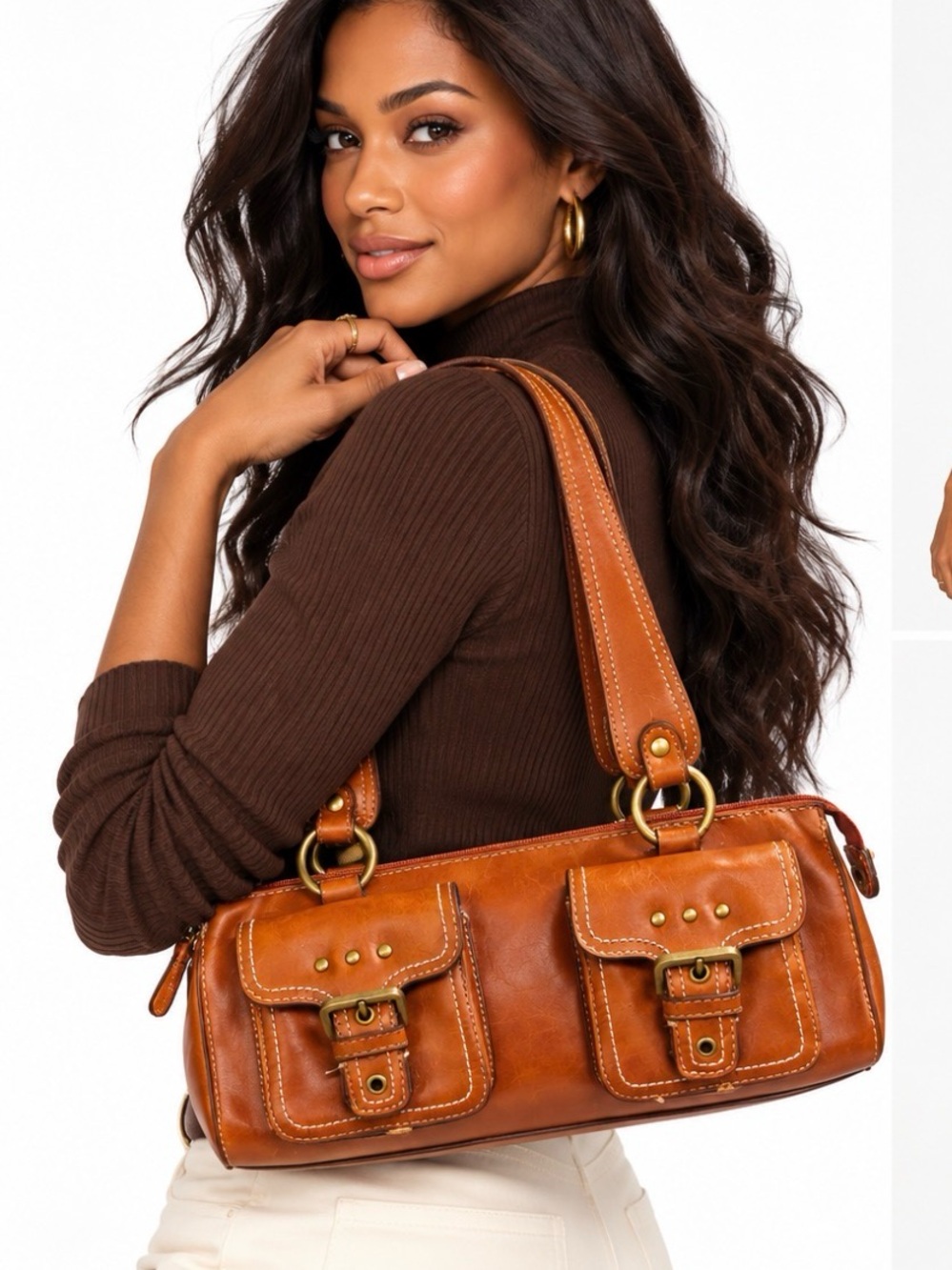 Cognac Y2K Double Cargo Pocket East West Shoulder Bag